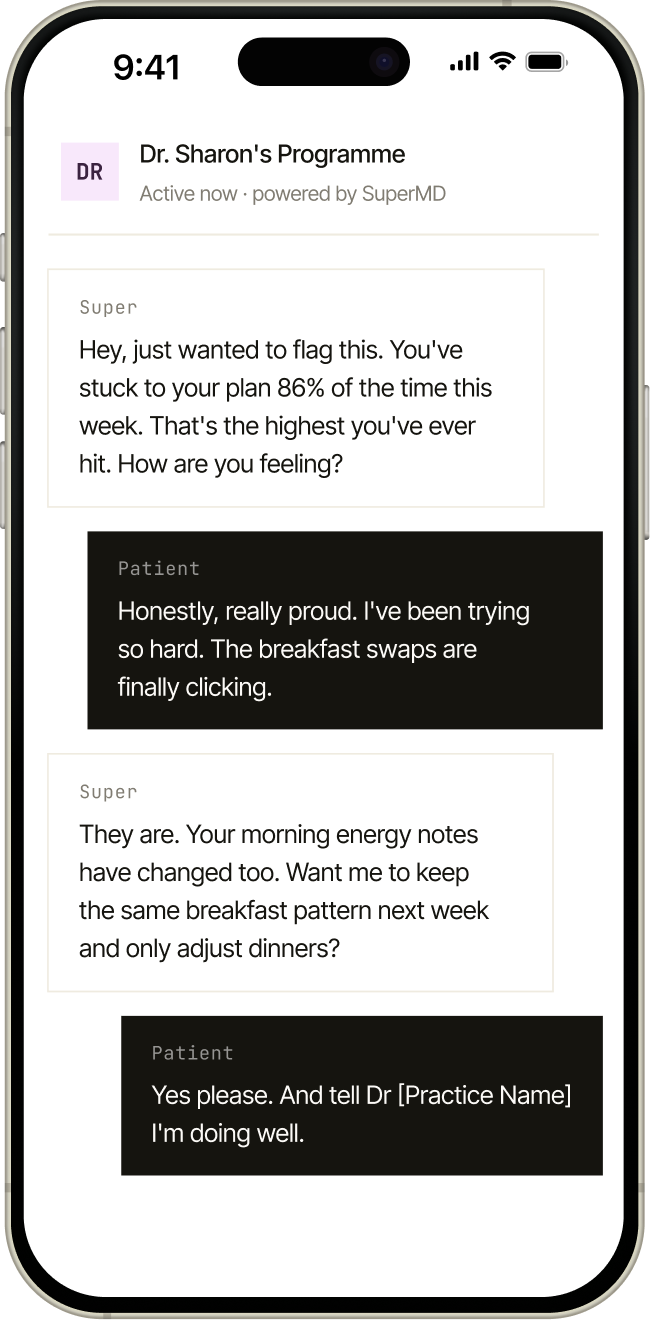SuperMD chat conversation on a patient's phone